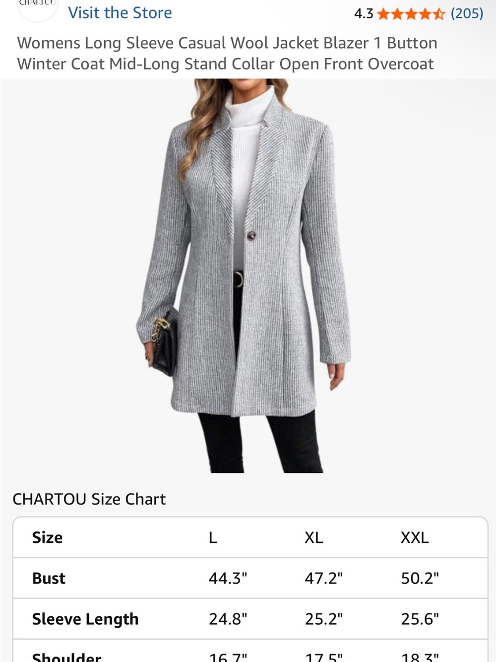 Gray Single-Button Mid-Length Wool-Blend Blazer Jacket